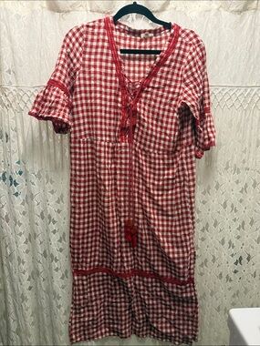 Vintage Pol Midi Dress Cottage Boho Style Bell Sleeves Gingham Pattern Red/White